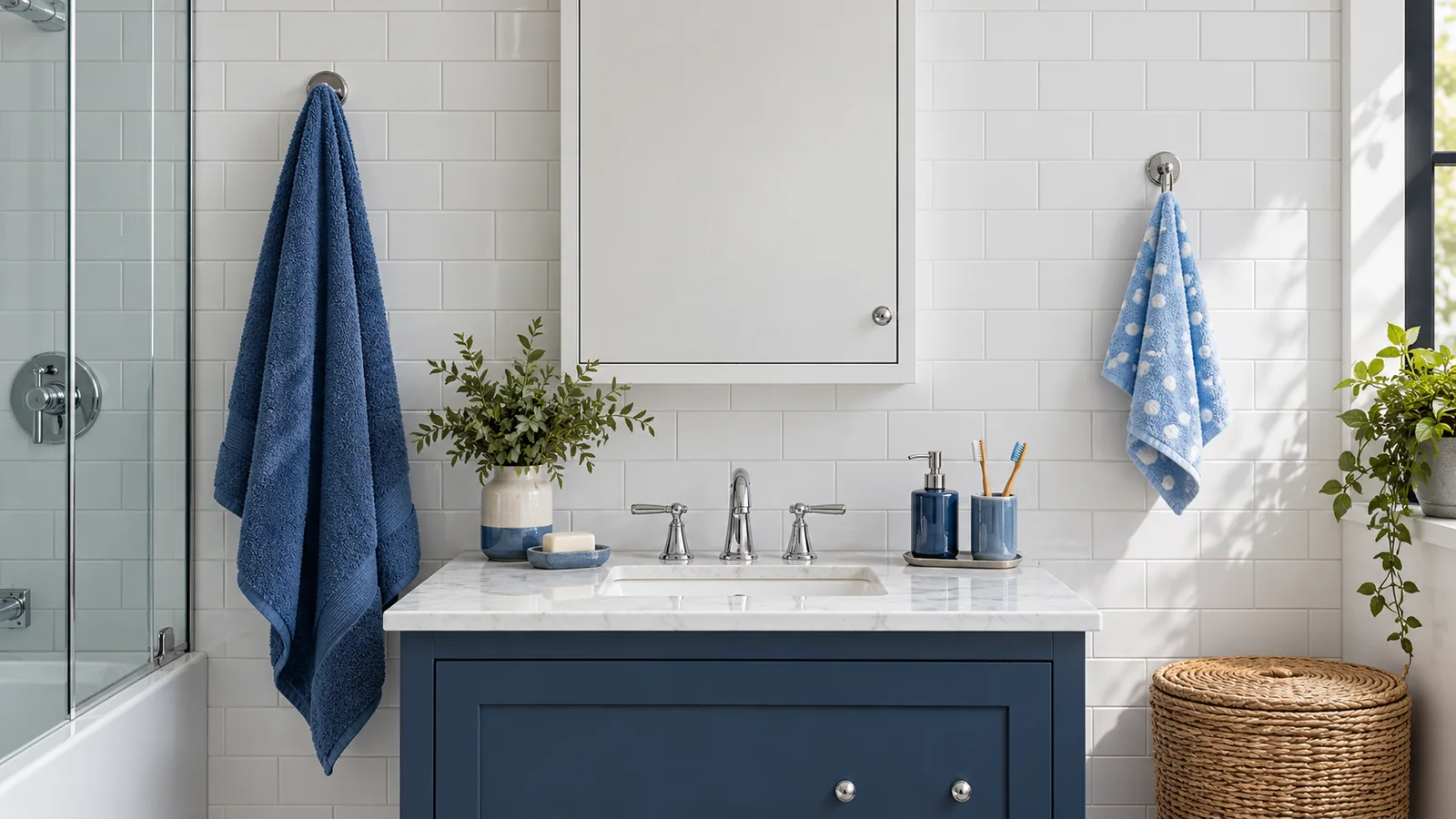 Separate large and small blue towels beside a closed bathroom cabinet