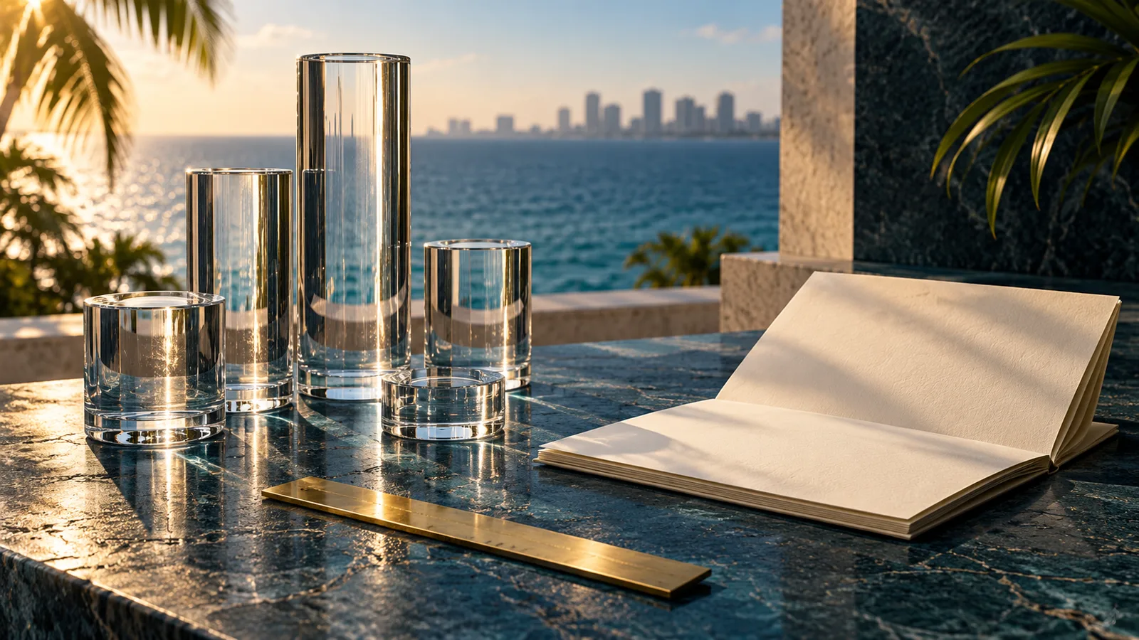 Clear glass cylinders and a blank ledger arranged as an editorial cost-planning still life