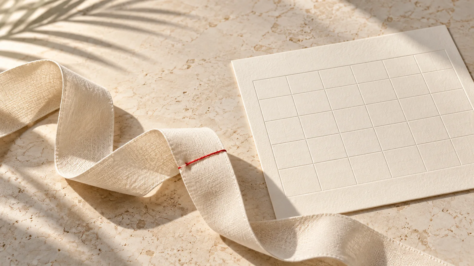 Cream linen ribbon with a narrow red thread beside a blank embossed calendar on stone